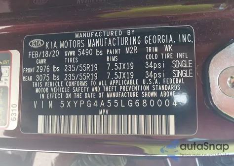 2020 Kia Sorento 3.3L S z USA, uszkodzony, nr VIN 5XYPG4A55LG680004